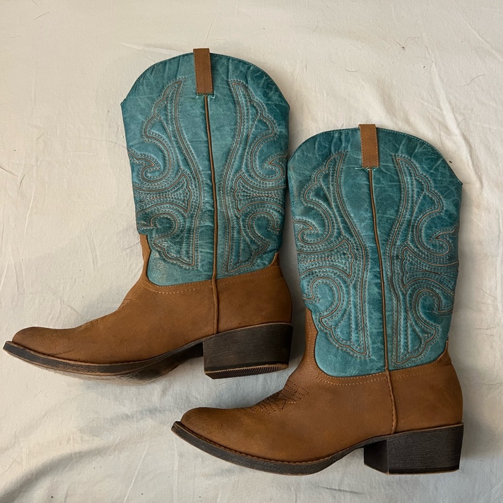 Teal and Brown Faux Leather Cowboy Boots - Women’s size 8.5